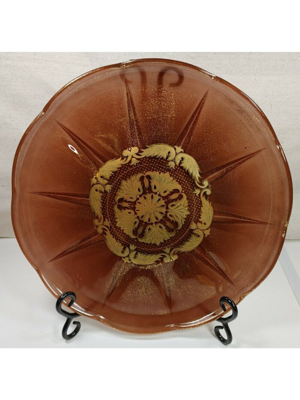 Georges Briard Gold Gilded Amber Glass Plate With Intricate Floral Design Vtg